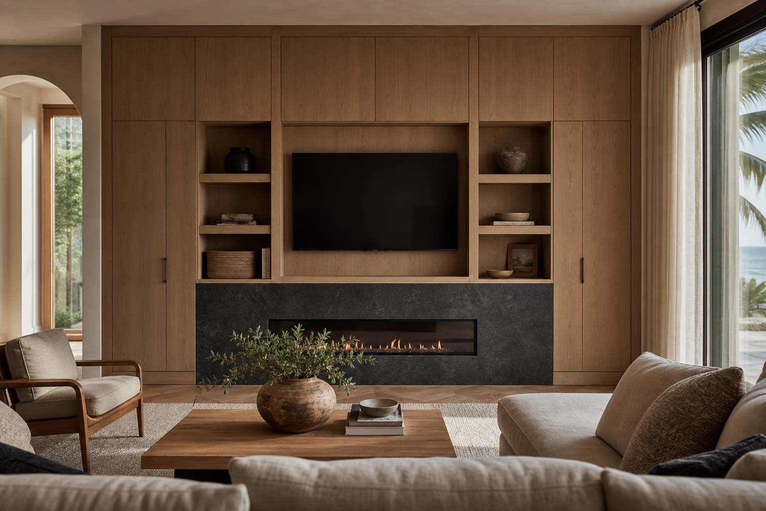 White oak living room built-in cabinetry