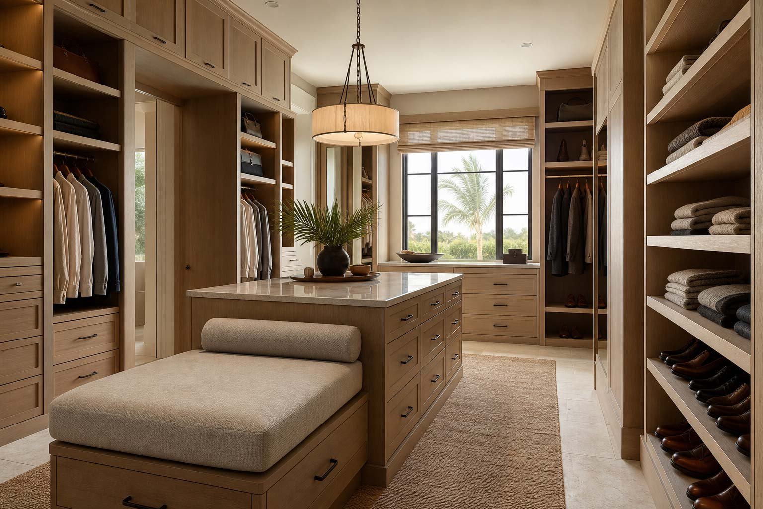 Warm white oak custom walk-in closet with tailored storage