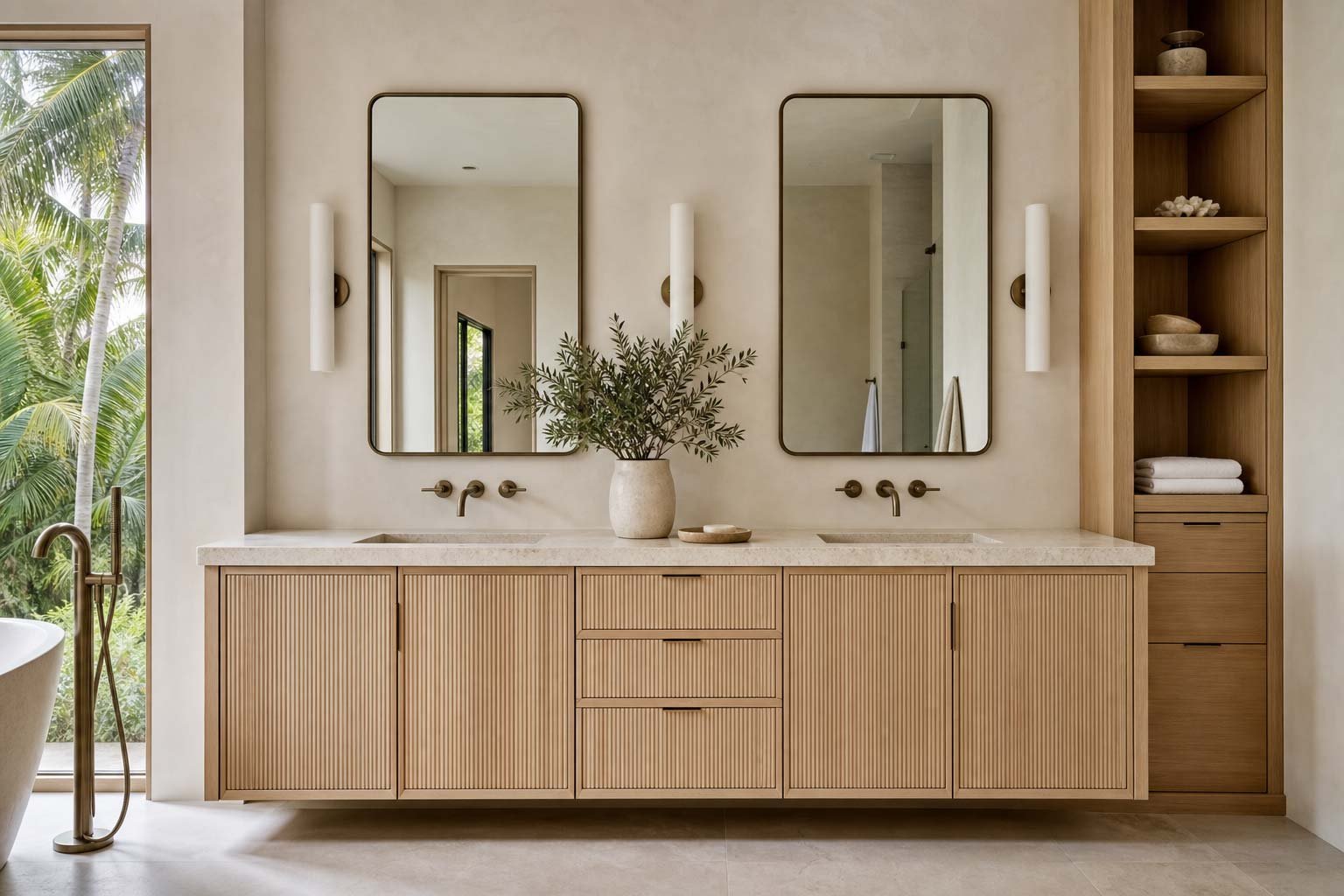Custom fluted oak bathroom vanity