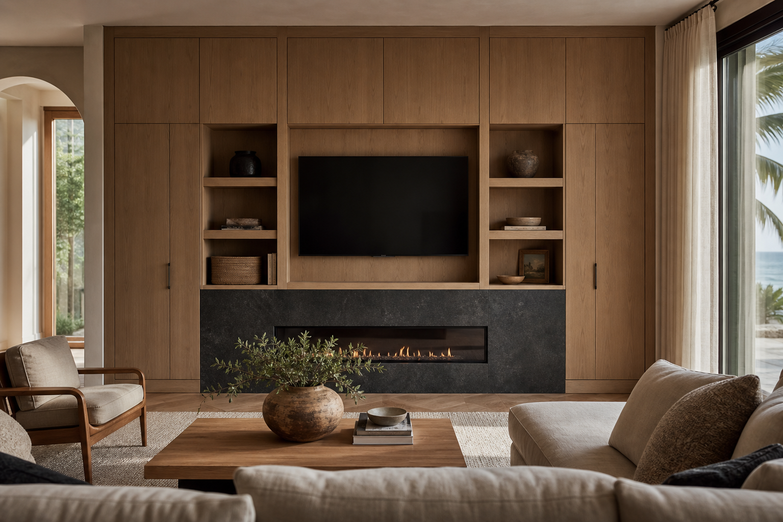 White oak living room built-in cabinetry